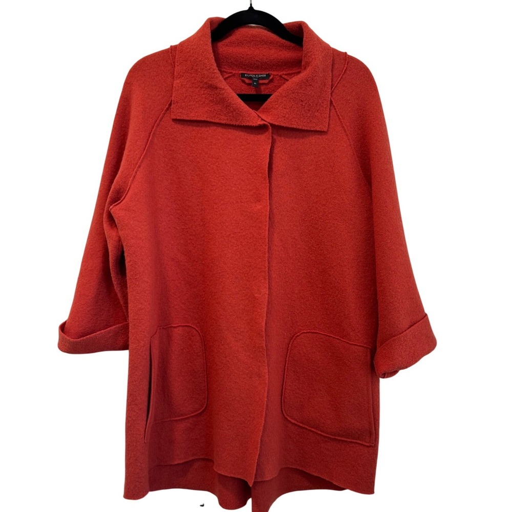 Eileen Fisher Petite Large Burnt Orange‎ Boiled Wool Coat Snap Front Pockets